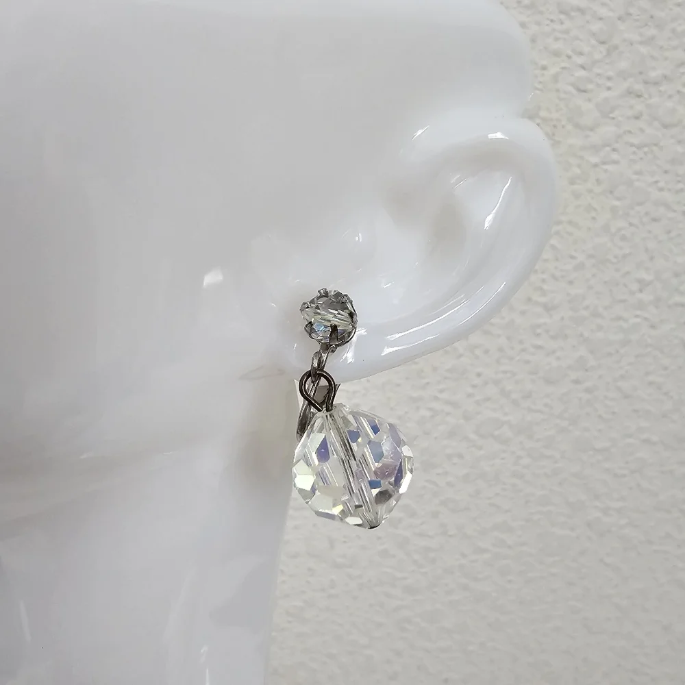 Vintage 1950s Aurora Borealis Crystal Drop Clip-On Earrings Iridescent AB Glass